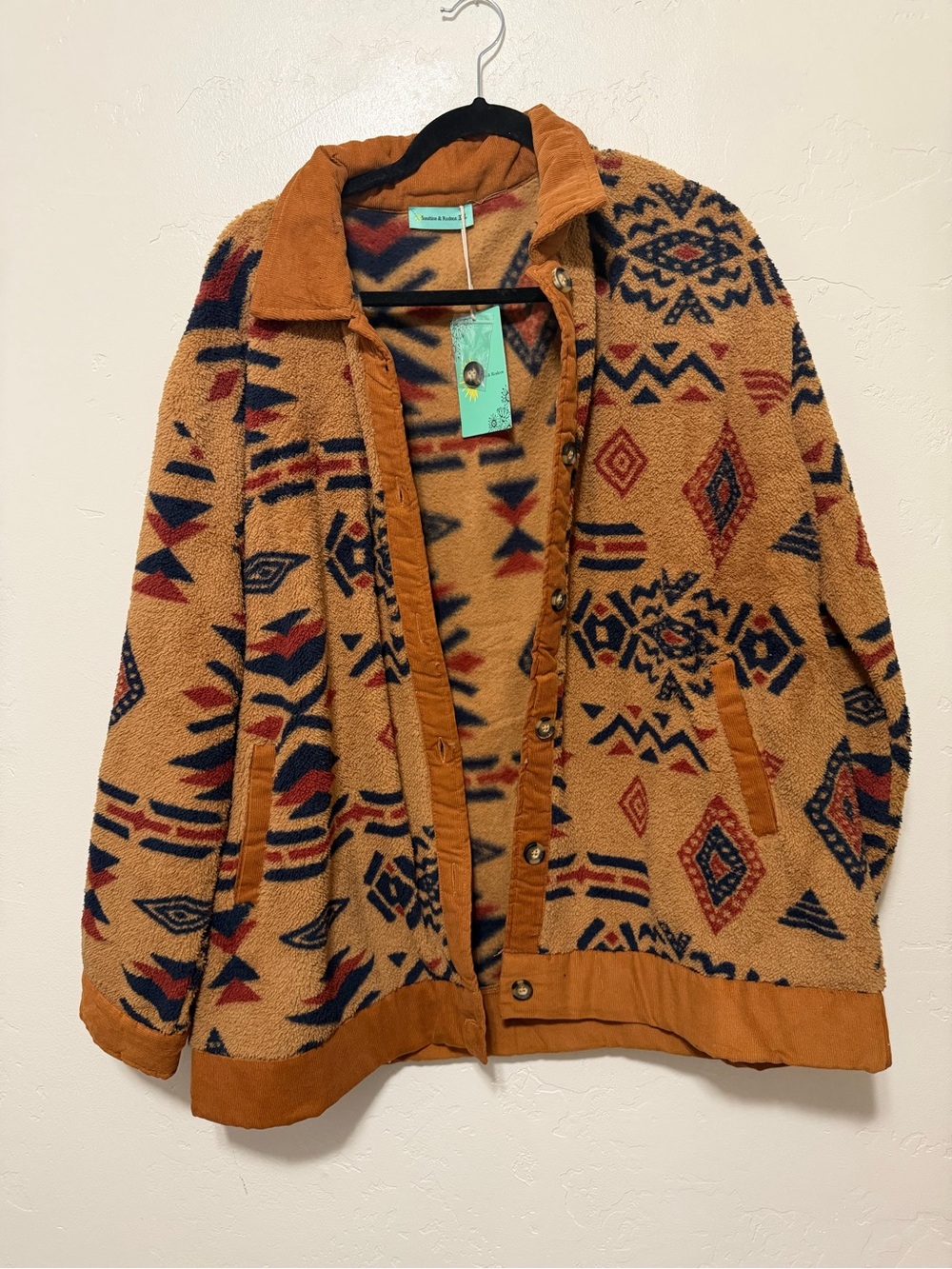 Sunshine & Rodeos Sherpa Jacket in Camel with Aztec Print - 3X